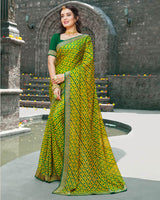 Vishal Prints Olive Yellow Printed Chiffon Saree With Zari Border
