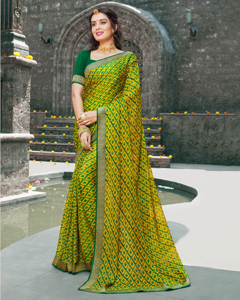 Vishal Prints Olive Yellow Printed Chiffon Saree With Zari Border