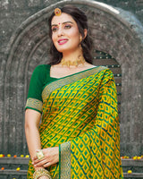 Vishal Prints Olive Yellow Printed Chiffon Saree With Zari Border