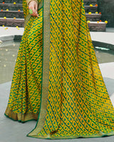 Vishal Prints Olive Yellow Printed Chiffon Saree With Zari Border