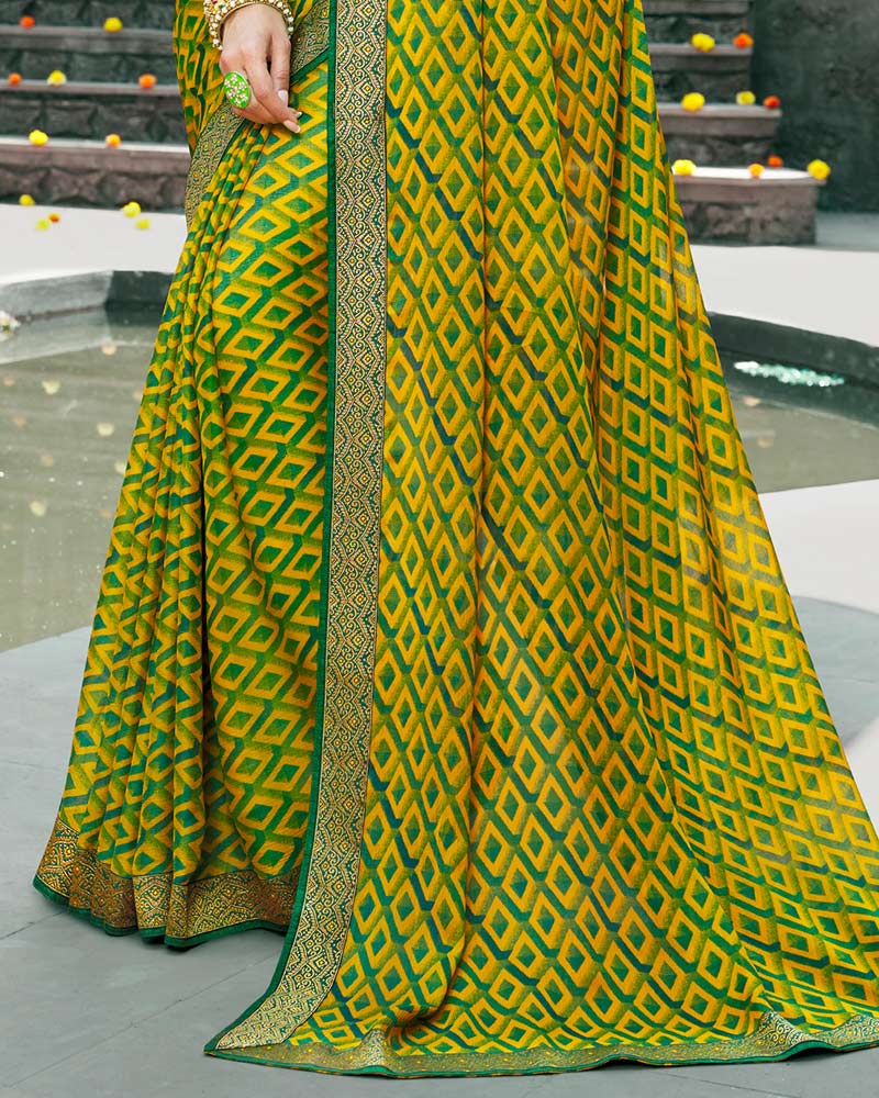 Vishal Prints Olive Yellow Printed Chiffon Saree With Zari Border