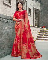 Vishal Prints Dark Red Printed Chiffon Saree With Zari Border