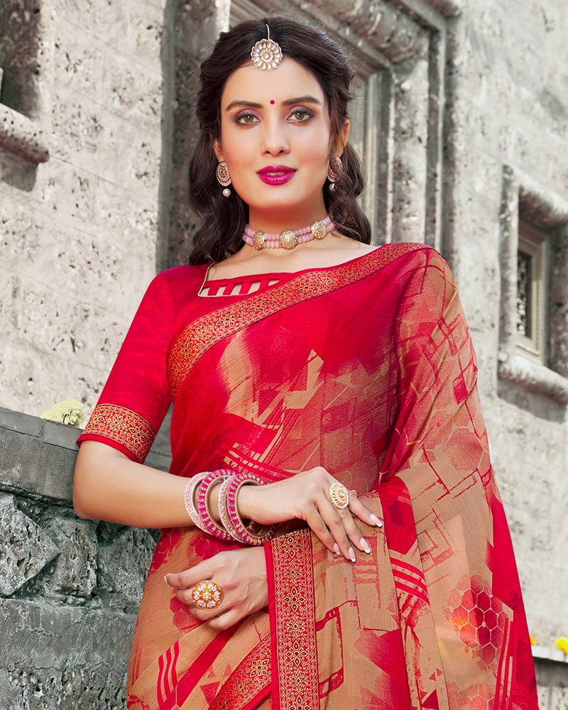 Vishal Prints Dark Red Printed Chiffon Saree With Zari Border