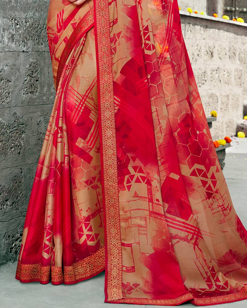 Vishal Prints Dark Red Printed Chiffon Saree With Zari Border