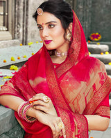 Vishal Prints Dark Red Printed Chiffon Saree With Zari Border
