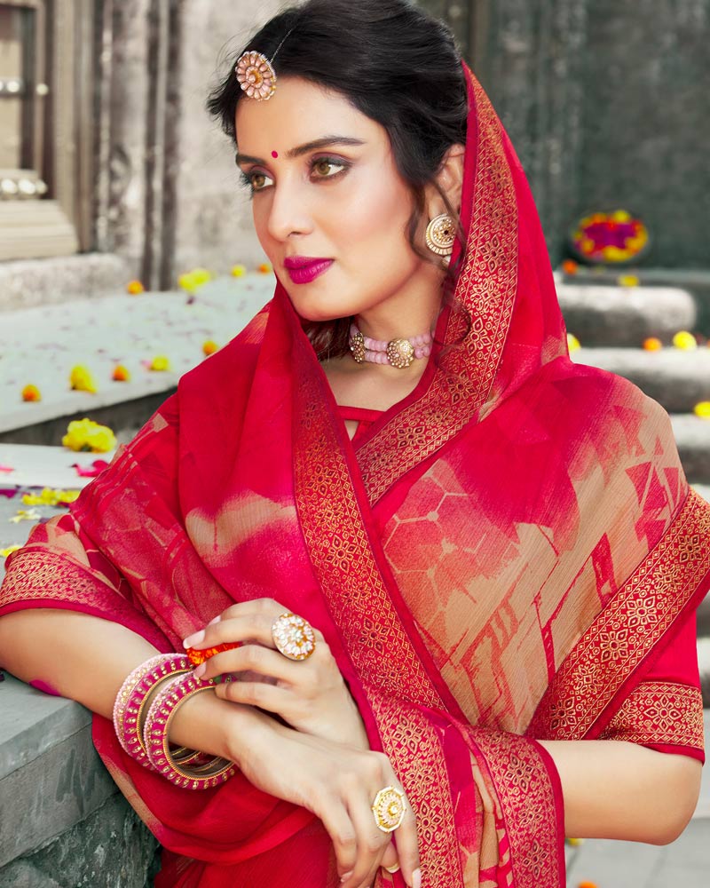 Vishal Prints Dark Red Printed Chiffon Saree With Zari Border