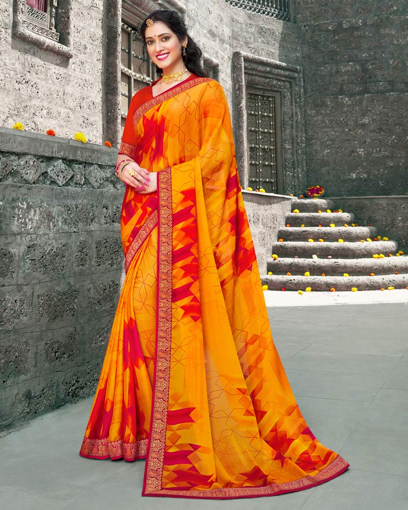 Vishal Prints Orange And Red Printed Chiffon Saree With Zari Border