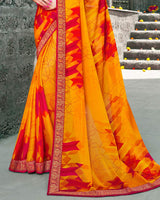 Vishal Prints Orange And Red Printed Chiffon Saree With Zari Border