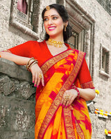 Vishal Prints Orange And Red Printed Chiffon Saree With Zari Border