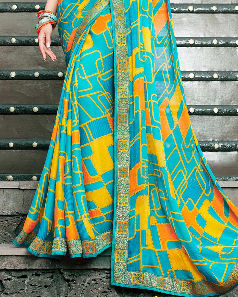 Vishal Prints Sky Blue Printed Chiffon Saree With Zari Border