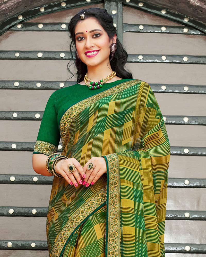 Vishal Prints Green And Yellow Printed Chiffon Saree With Zari Border
