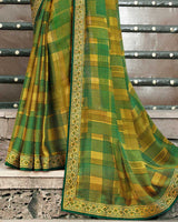 Vishal Prints Green And Yellow Printed Chiffon Saree With Zari Border