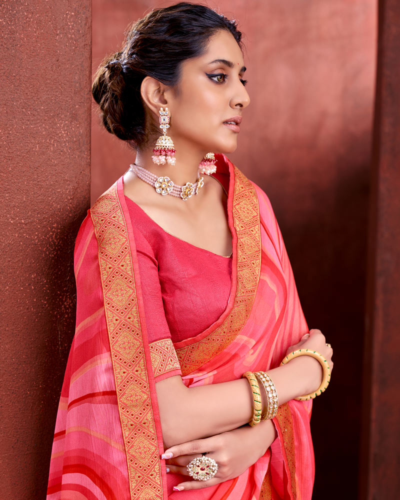 Vishal Prints Dark Pink Chiffon Saree With Zari Border