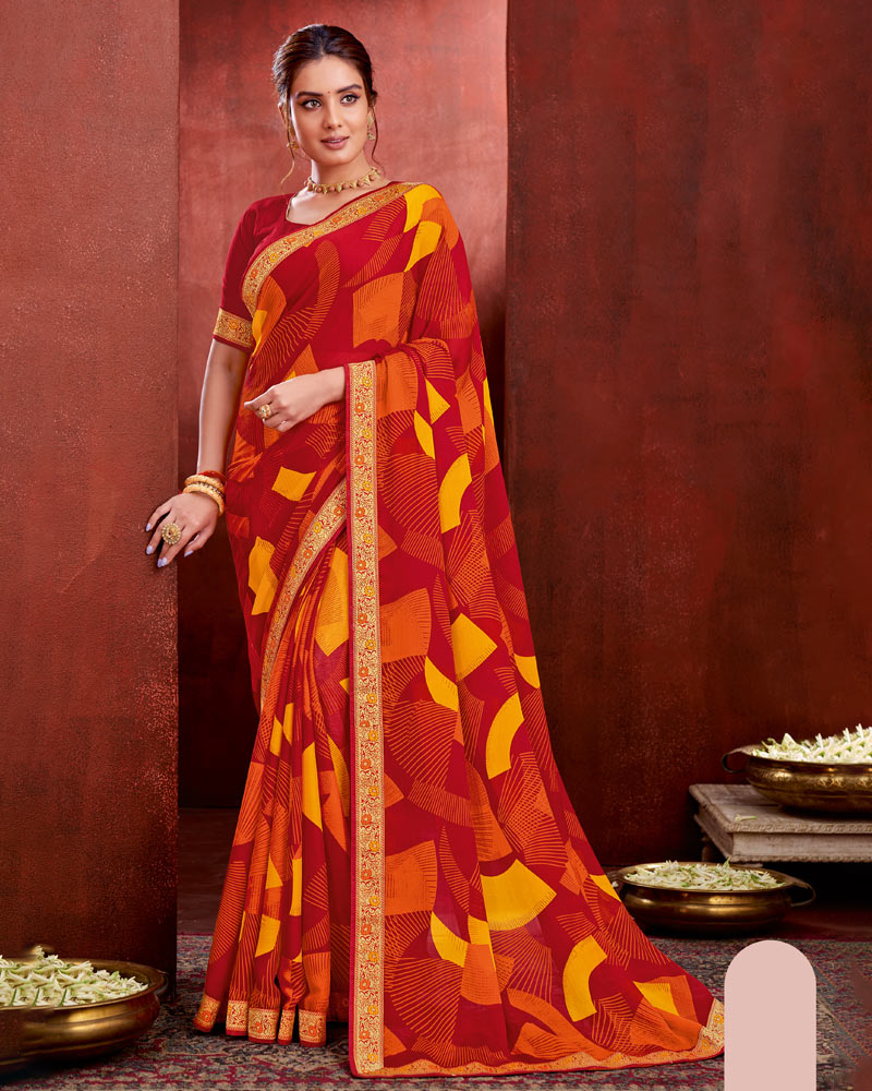 Vishal Prints Red Wine Chiffon Saree With Zari Border