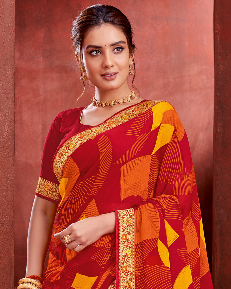 Vishal Prints Red Wine Chiffon Saree With Zari Border