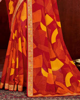 Vishal Prints Red Wine Chiffon Saree With Zari Border