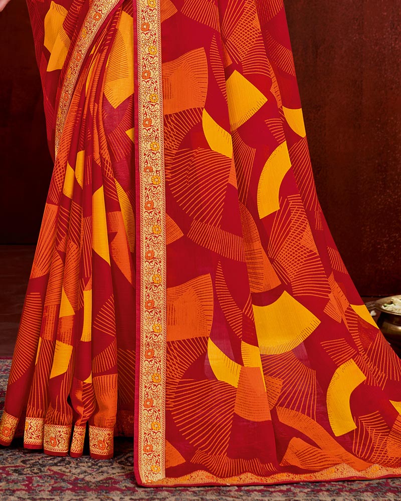 Vishal Prints Red Wine Chiffon Saree With Zari Border