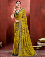 Vishal Prints Dark Lemon Chiffon Saree With Zari Border
