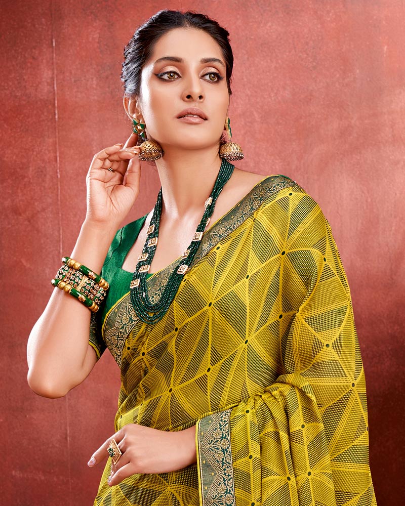 Vishal Prints Dark Lemon Chiffon Saree With Zari Border