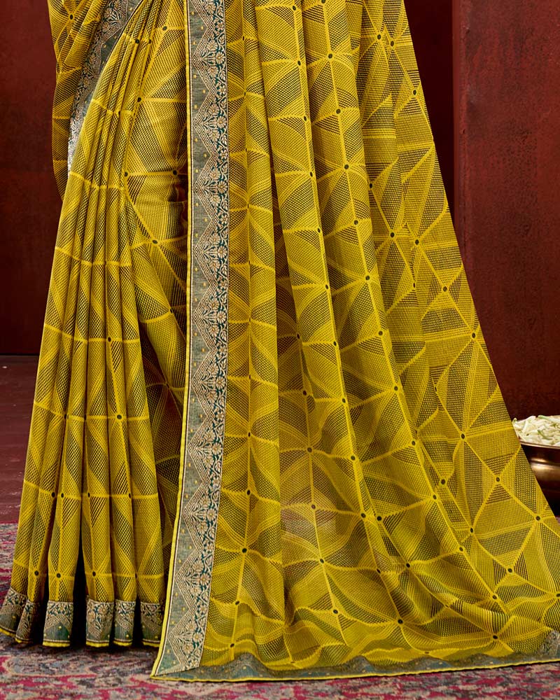 Vishal Prints Dark Lemon Chiffon Saree With Zari Border