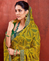 Vishal Prints Dark Lemon Chiffon Saree With Zari Border