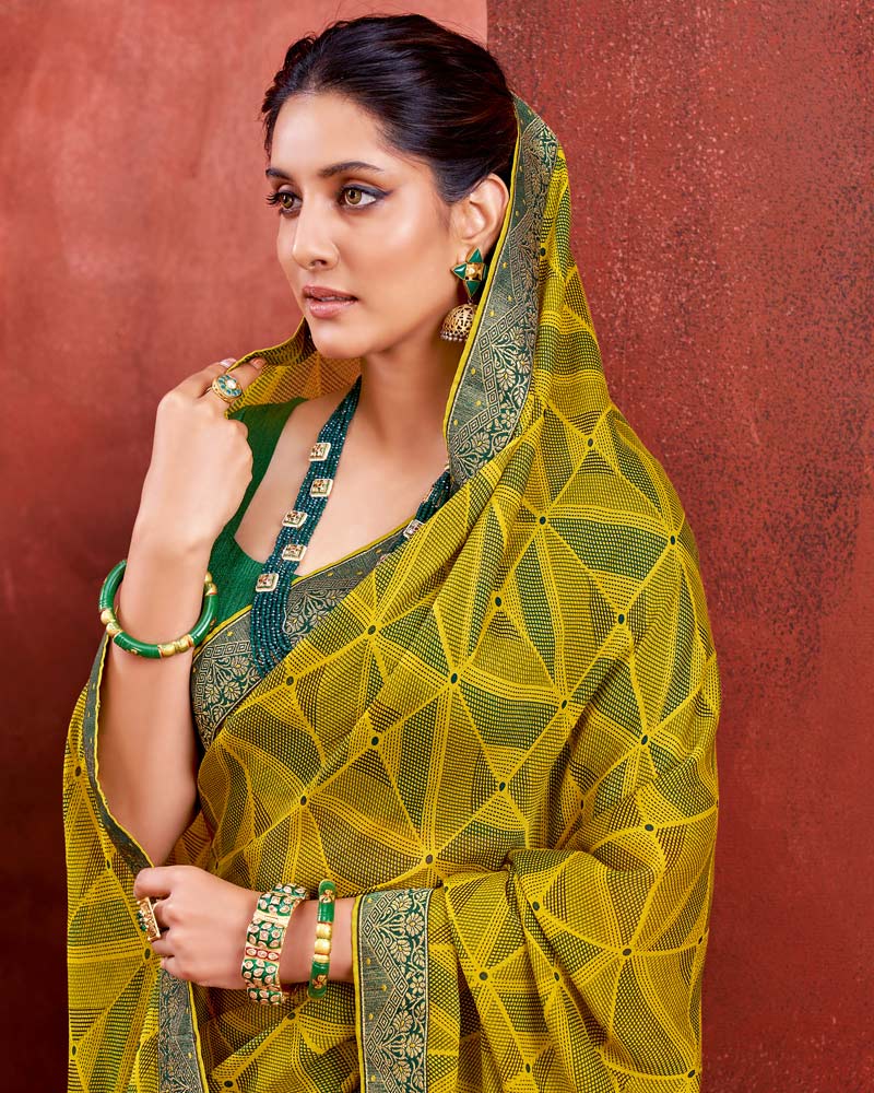 Vishal Prints Dark Lemon Chiffon Saree With Zari Border