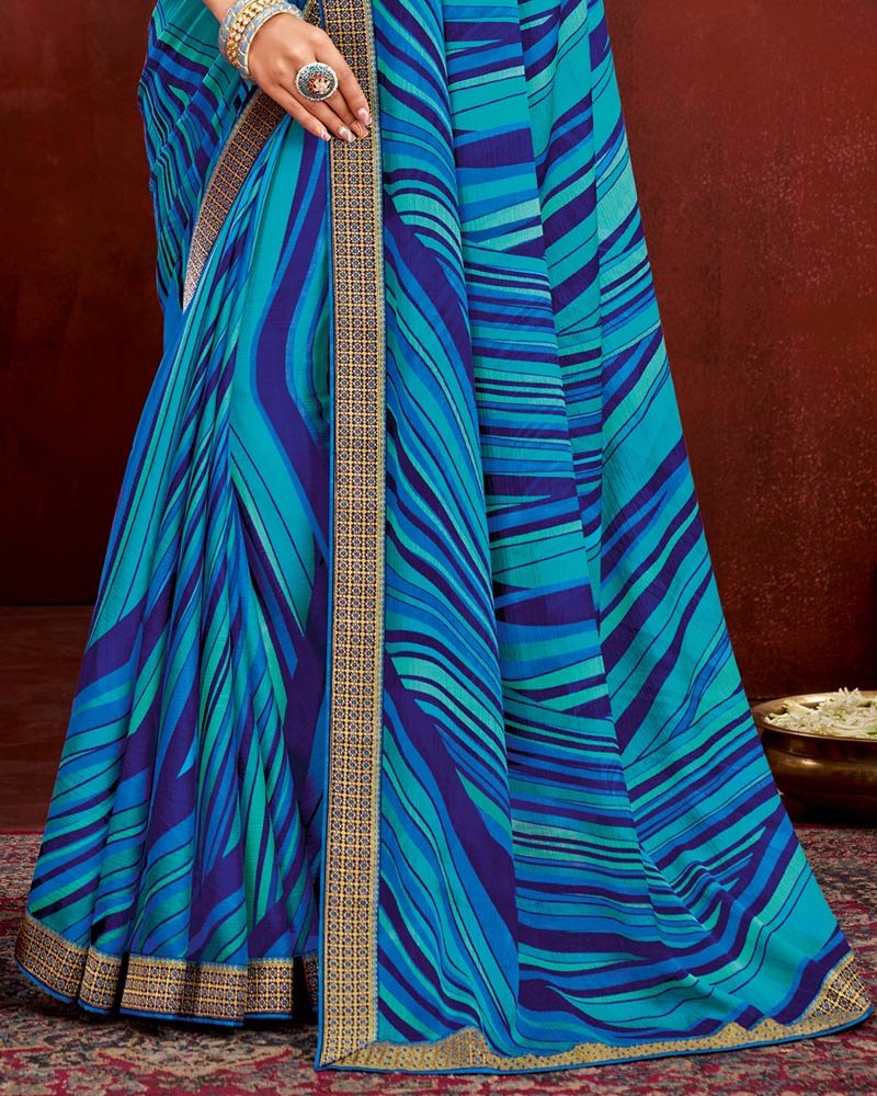 Vishal Prints Sky Blue Chiffon Saree With Zari Border