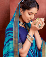 Vishal Prints Sky Blue Chiffon Saree With Zari Border
