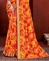 Vishal Prints Orange Chiffon Saree With Zari Border