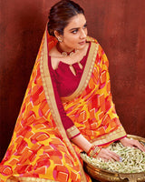 Vishal Prints Orange Chiffon Saree With Zari Border