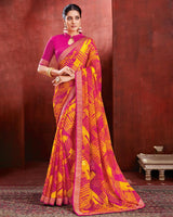 Vishal Prints Dark Hot Pink Chiffon Saree With Zari Border