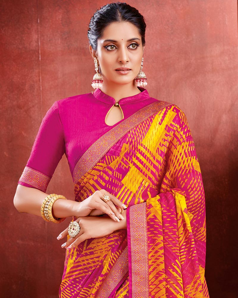 Vishal Prints Dark Hot Pink Chiffon Saree With Zari Border