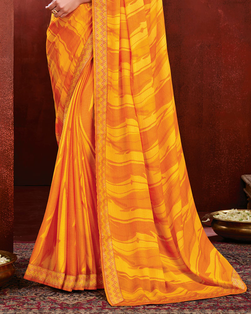 Vishal Prints Orange And Yellow Chiffon Saree With Zari Border