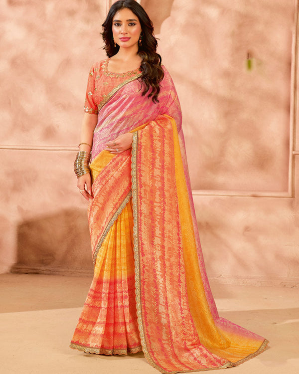Vishal Prints Pastel Shaded Designer Crushed Tissue Digital Print Saree With Fancy Cut Work Border