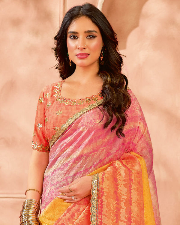 Vishal Prints Pastel Shaded Designer Crushed Tissue Digital Print Saree With Fancy Cut Work Border