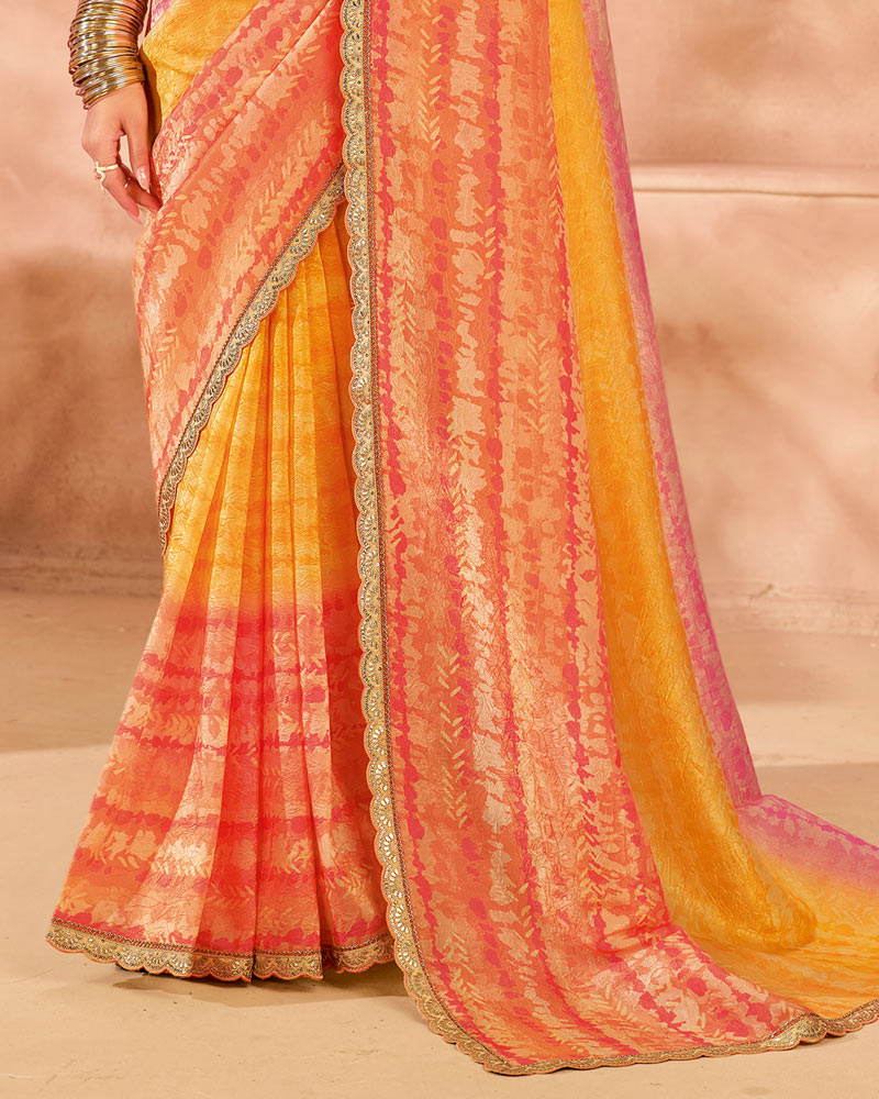 Vishal Prints Pastel Shaded Designer Crushed Tissue Digital Print Saree With Fancy Cut Work Border