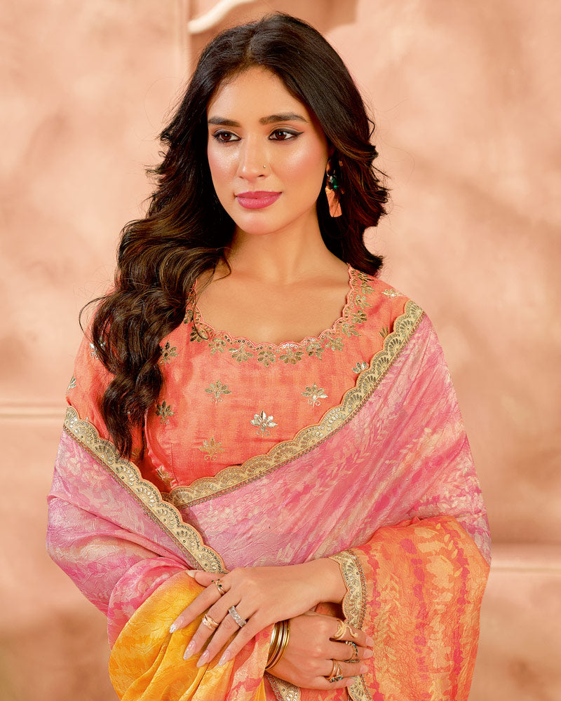 Vishal Prints Pastel Shaded Designer Crushed Tissue Digital Print Saree With Fancy Cut Work Border
