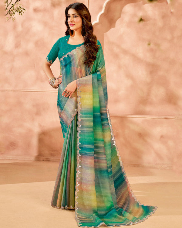 Vishal Prints Multicolored Designer Crushed Tissue Digital Print Saree With Fancy Cut Work Border