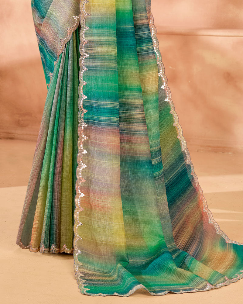 Vishal Prints Multicolored Designer Crushed Tissue Digital Print Saree With Fancy Cut Work Border