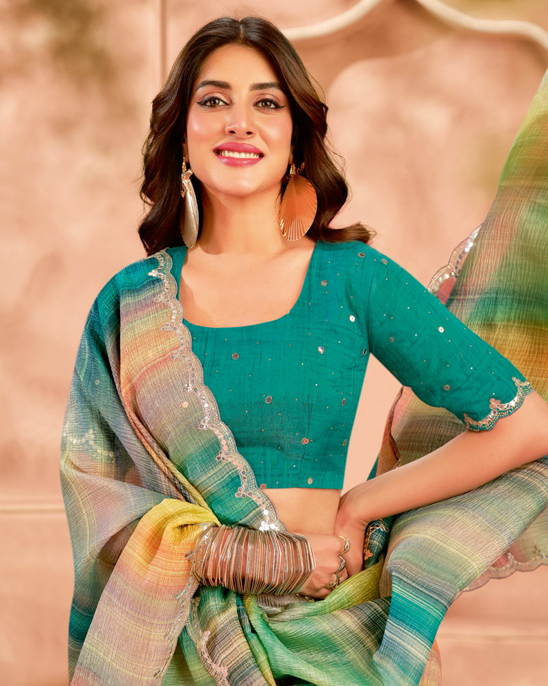 Vishal Prints Multicolored Designer Crushed Tissue Digital Print Saree With Fancy Cut Work Border