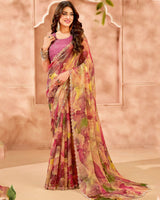 Vishal Prints Multicolored Designer Satin-Chiffon Digital Print Saree With Diamond Work And Fancy Cut Work Border