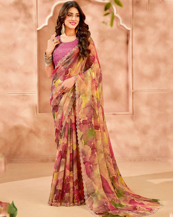 Vishal Prints Multicolored Designer Satin-Chiffon Digital Print Saree With Diamond Work And Fancy Cut Work Border