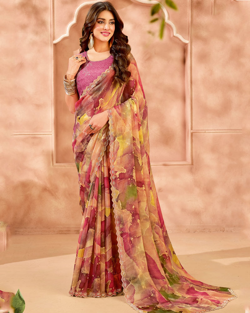 Vishal Prints Multicolored Designer Satin-Chiffon Digital Print Saree With Diamond Work And Fancy Cut Work Border