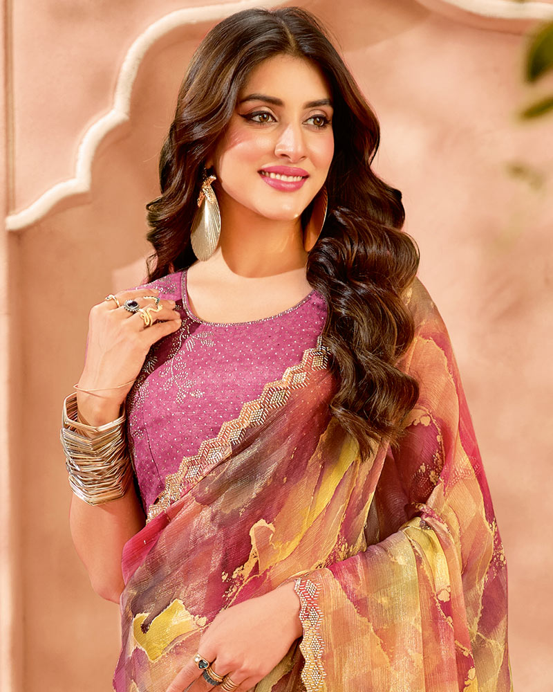 Vishal Prints Multicolored Designer Satin-Chiffon Digital Print Saree With Diamond Work And Fancy Cut Work Border