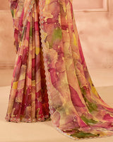 Vishal Prints Multicolored Designer Satin-Chiffon Digital Print Saree With Diamond Work And Fancy Cut Work Border