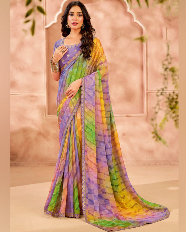 Vishal Prints Dark Lilac Designer Chiffon-Brasso Digital Print Saree With Fancy Cut Work Border