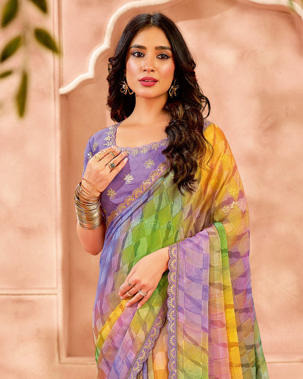 Vishal Prints Dark Lilac Designer Chiffon-Brasso Digital Print Saree With Fancy Cut Work Border