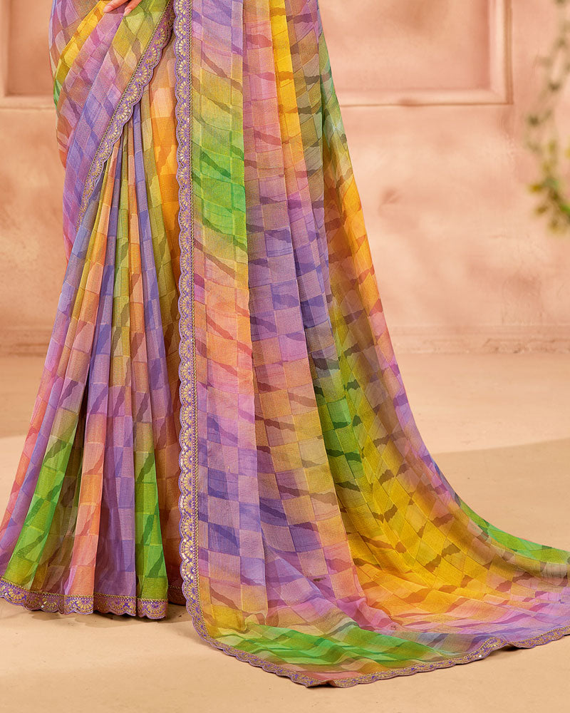Vishal Prints Dark Lilac Designer Chiffon-Brasso Digital Print Saree With Fancy Cut Work Border