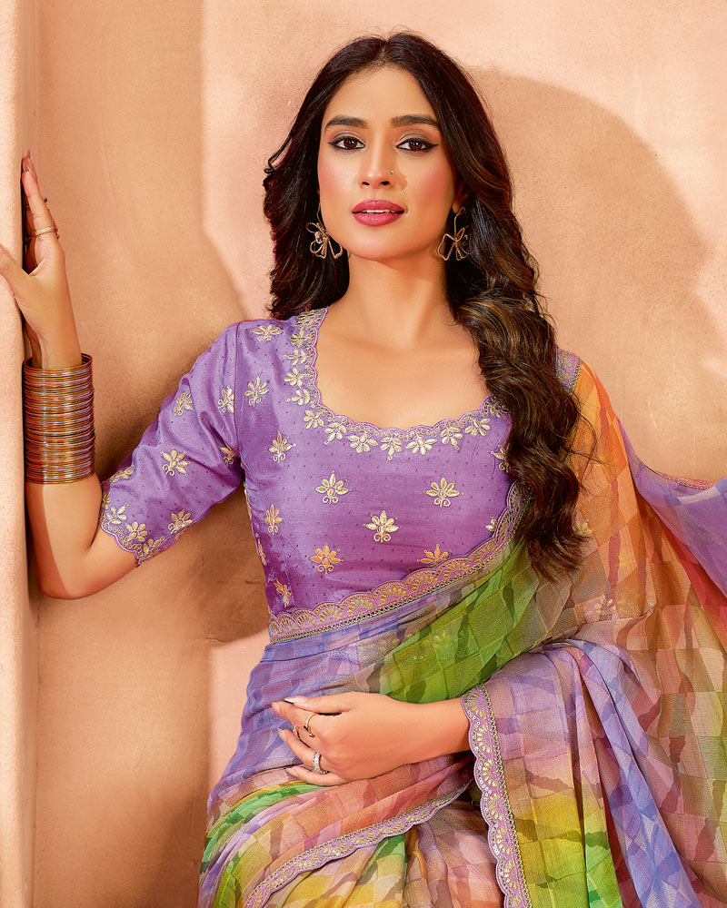 Vishal Prints Dark Lilac Designer Chiffon-Brasso Digital Print Saree With Fancy Cut Work Border