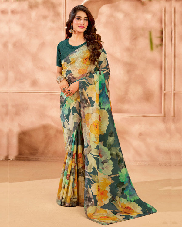 Vishal Prints Light Brown Designer Crushed Tissue Digital Print Saree With Diamond Work And Core Piping